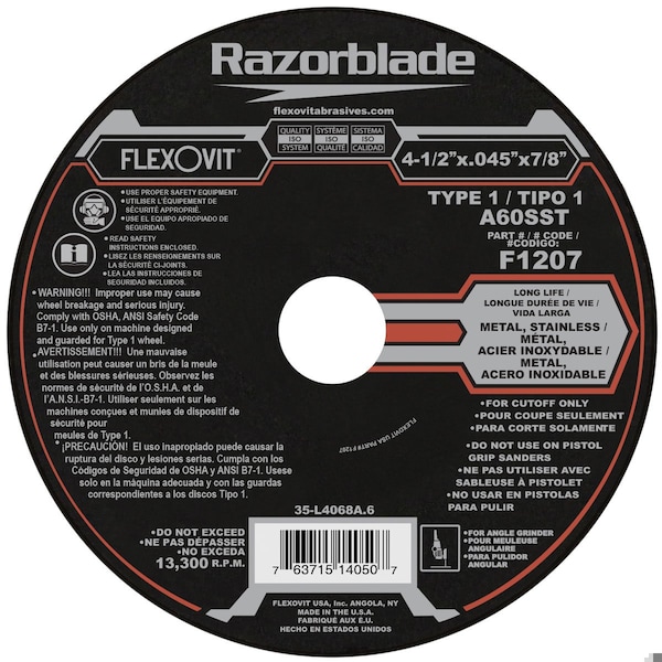 Flexovit Razorblade Long Life Cut-Off Wheel, 4-1/2 in Dia x 0.045 in THK, 7/8 in Center Hole, 60 Grit, Alumin F1207 - main